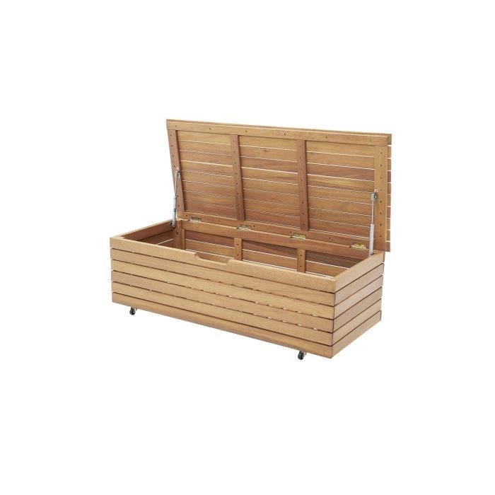 Gartentruhe, 190 l, aus exotischem Eukalyptusholz, FSC, 190 l, 48,5 x 109,5 x 37 cm, mit Rollen, Teakoptik