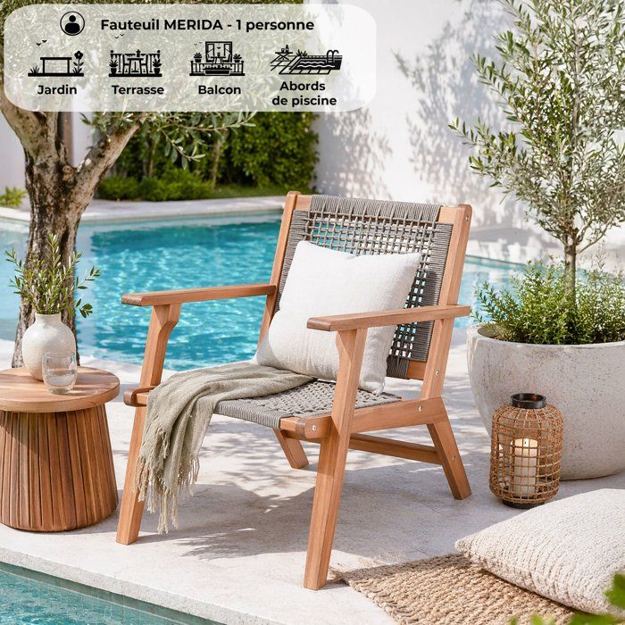 Niedriger Sessel aus FSC-Akazienholz und geflochtenem Harz - 1 Person - Merida - Olivgrün