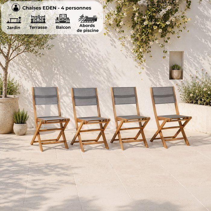 Set aus 4 Gartenstühlen aus FSC-Akazienholz und Sitz aus Textilen — 50 x 57 x 90 cm — Grau