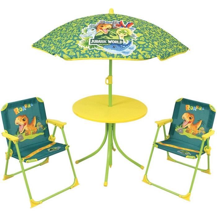 FUN HOUSE Jurassic Dinosaur Gartenmöbel - 1 Tisch 46 x ø46 cm, 2 Stühle 53 x 38,5 x 37,5 cm und 1 Sonnenschirm 125 x ø100 cm