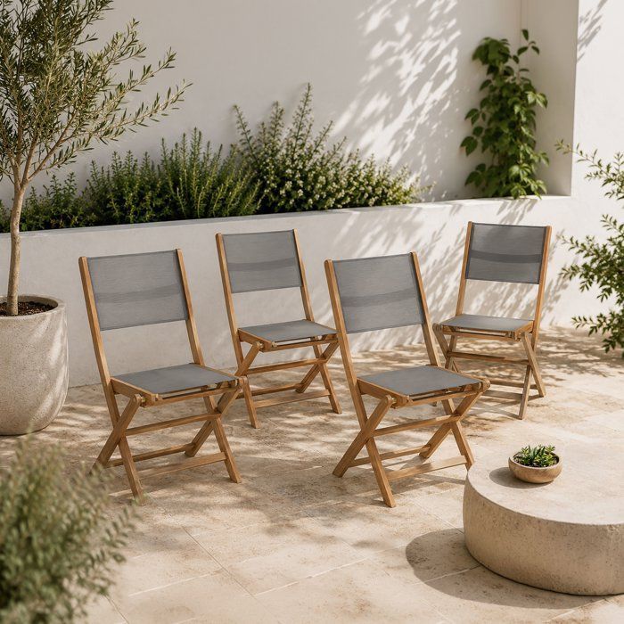 Set aus 4 Gartenstühlen aus FSC-Akazienholz und Sitz aus Textilen — 50 x 57 x 90 cm — Grau