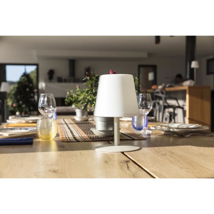 STANDY MINI CREAM Kabellose Tischlampe mit cremefarbenem Stahlsockel — warmweiß/kaltweißer LED-Sockel