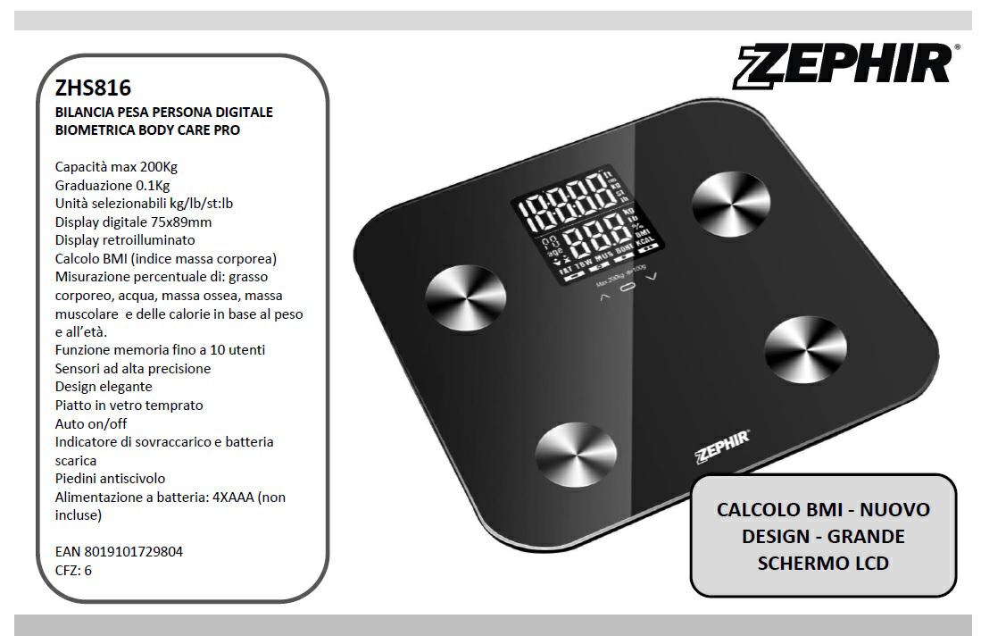 ZEPHIR BILANCIA PESA PERSONA ELETTRONICA DISPLAY MAX200KG NERO ZHS816