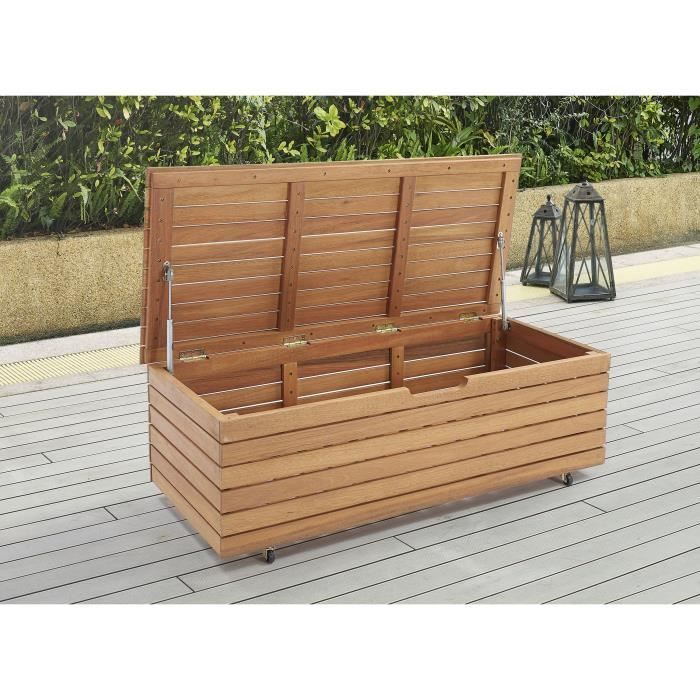Gartentruhe, 190 l, aus exotischem Eukalyptusholz, FSC, 190 l, 48,5 x 109,5 x 37 cm, mit Rollen, Teakoptik