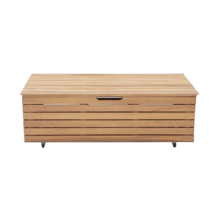 Gartentruhe, 190 l, aus exotischem Eukalyptusholz, FSC, 190 l, 48,5 x 109,5 x 37 cm, mit Rollen, Teakoptik