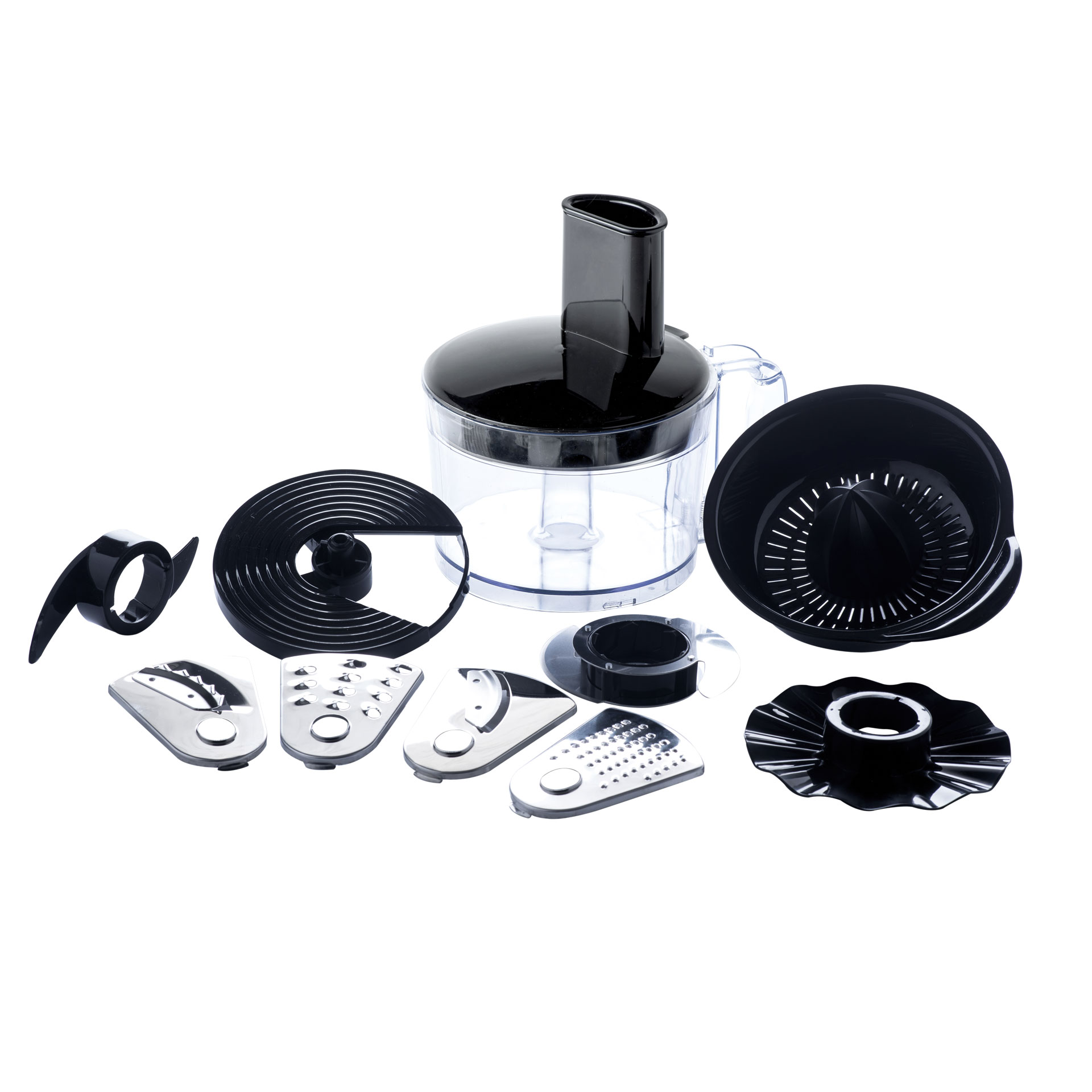 Set of 10 accessories for Soup maker: bowl with handle, set of 4 blades for slicing, shredding and grating, egg beater, juicer, chopping blade, additional pin, kneading accessory. - Hurray