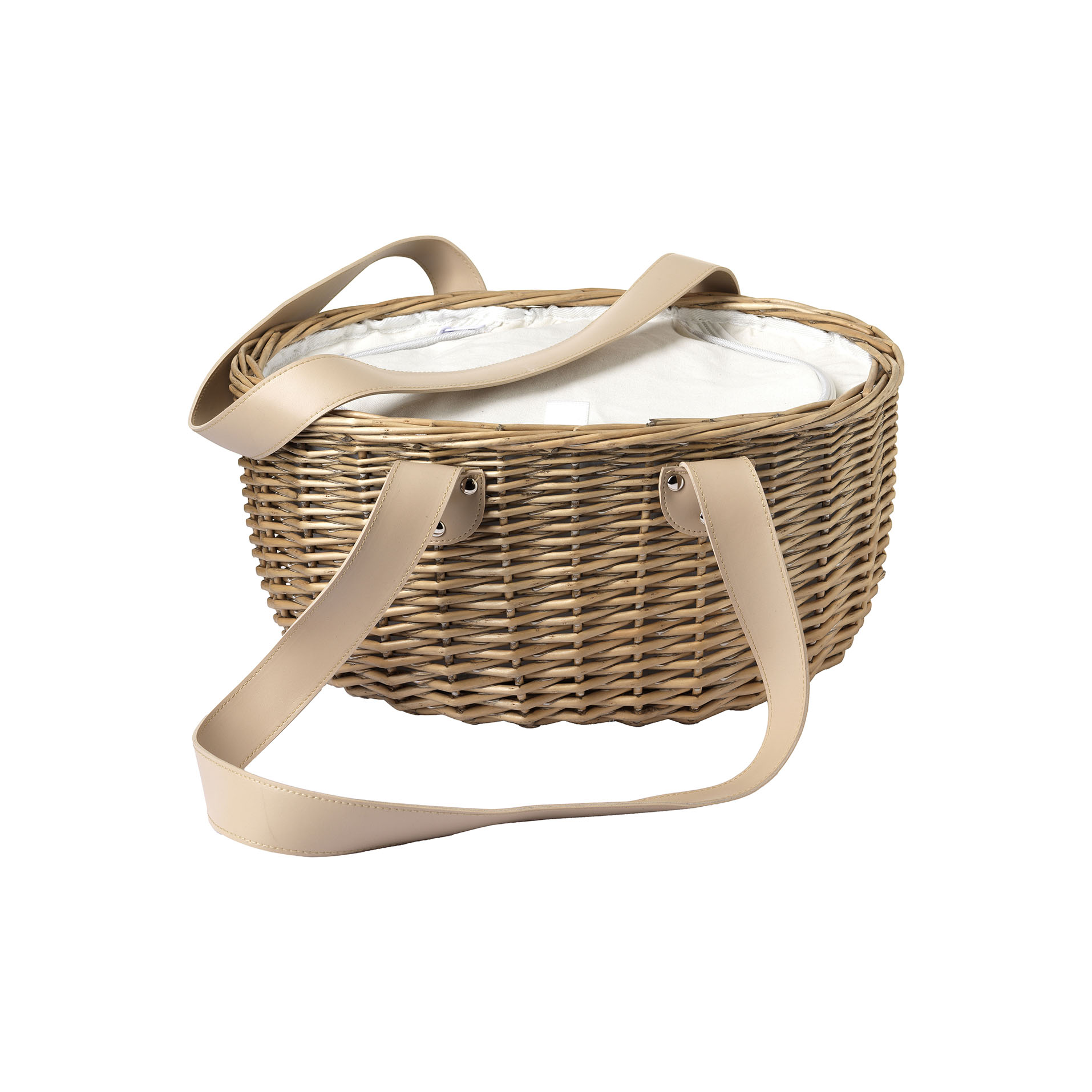 Cestino picnic. Esterno in vimini intrecciato con interno termico e tavolino pieghevole con vano porta bicchiere. Pratiche maniglie per il trasporto, chiusura con zip. 42 x 28 x h 19 cm - Subway