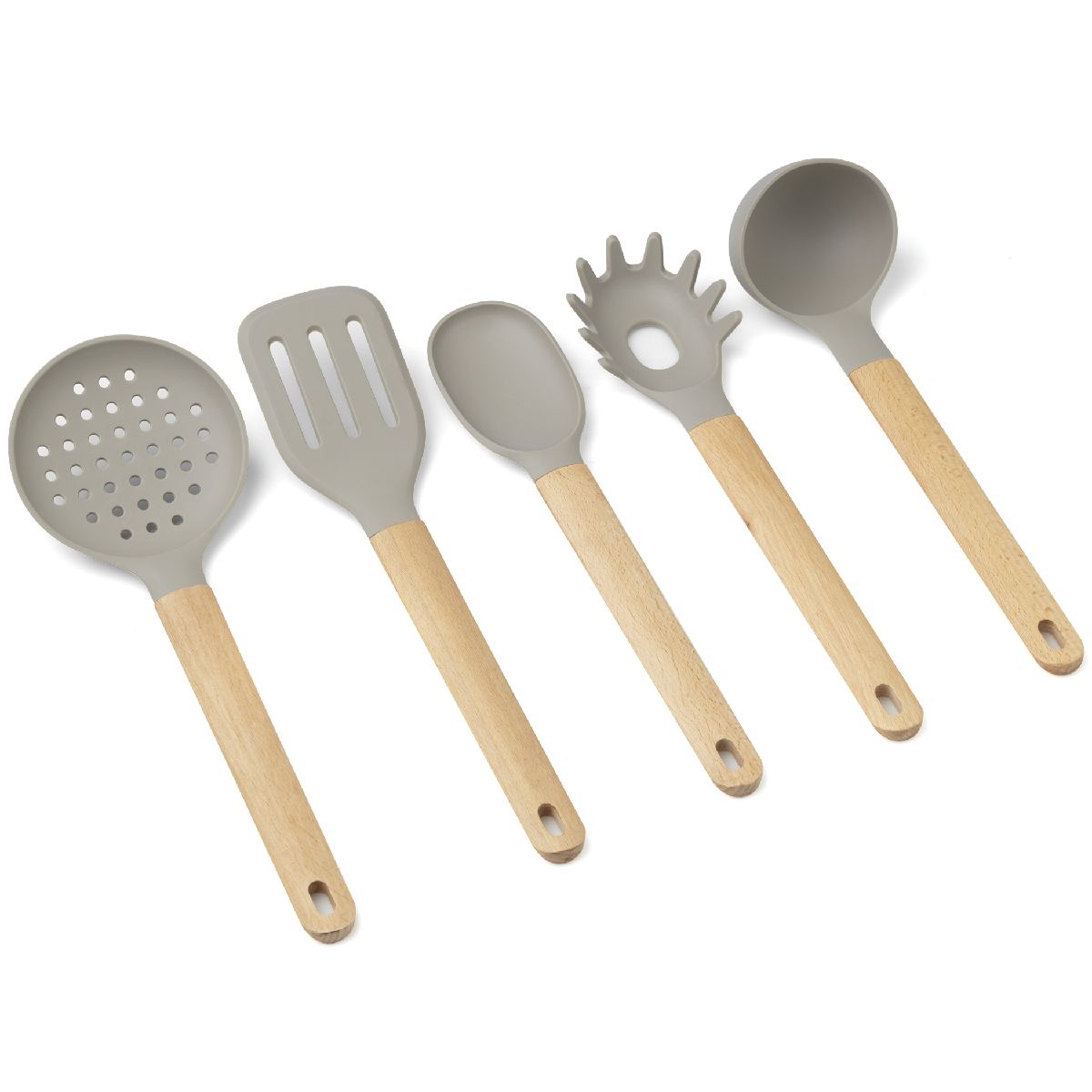 Set of 5 silicone kitchen utensils with beech wood handle (shovel, fried, spoon, spaghetti server, ladle and skimmer) - Forest