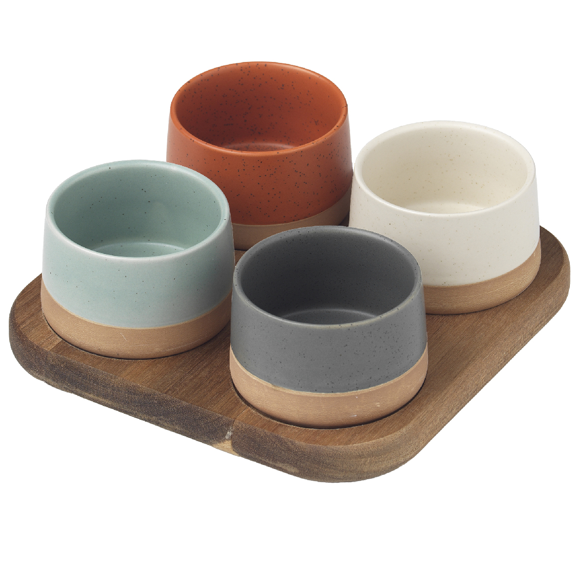 Set of 4 bowls Ø 9.5 x h 5.5 cm with wooden tray 22 x 22 cm - Stones