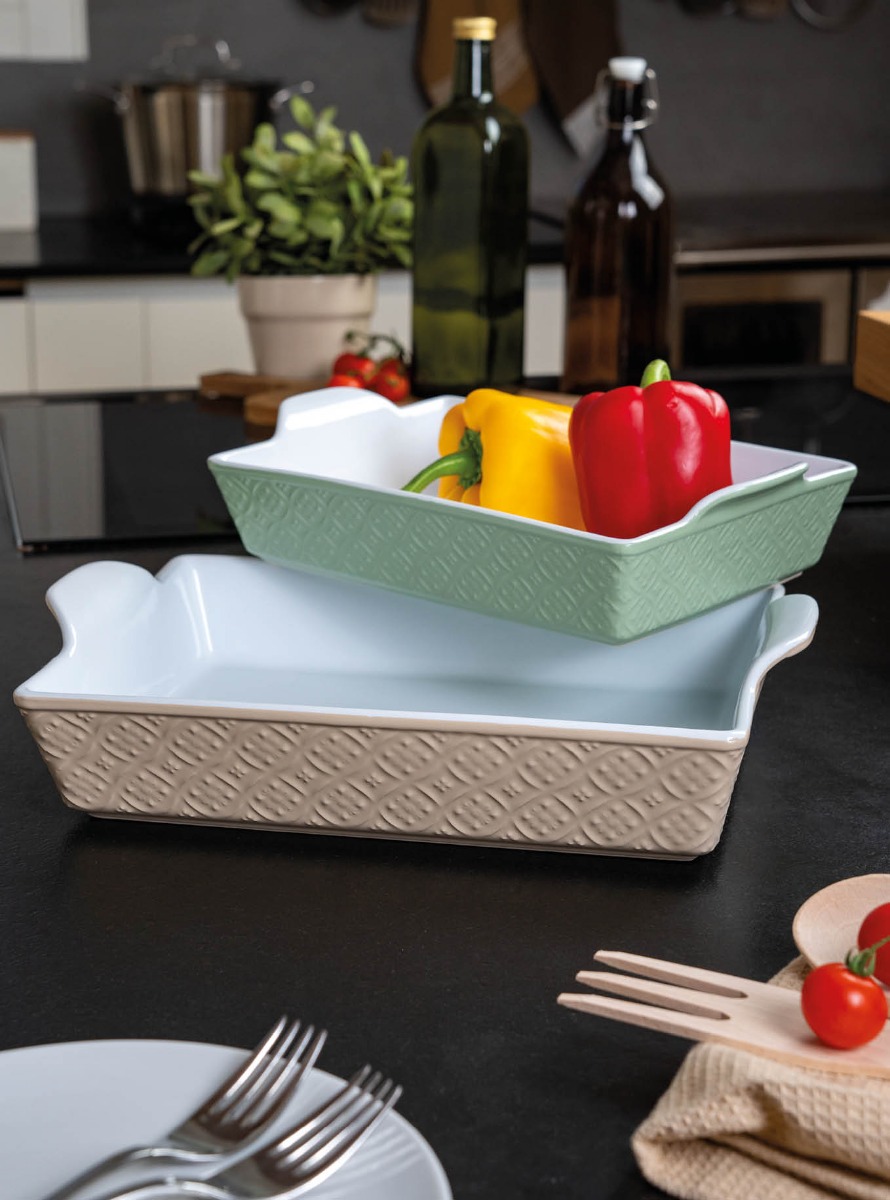 Set of 2 stoneware baking dishes with handles Taupe 36 x 25 cm and Green 31 x 20 cm - Miba