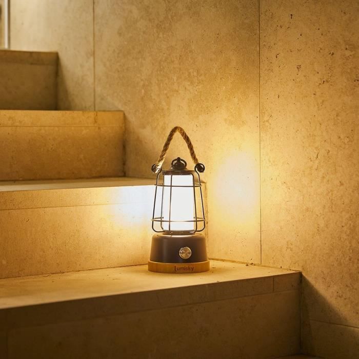 Lanterna senza fili - LUMISKY - WILDY - H23 cm - Maniglia in corda - LED bianco caldo e dimmerabile