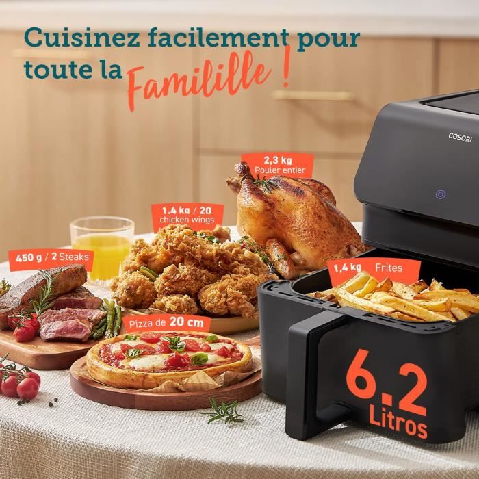 Friggitrice senza olio COSORI - Premium II Chef Edition - Capacit� 6,2 l - 12 programmi - Confezione da 50 fogli di carta da forno - 1700 W - Nero