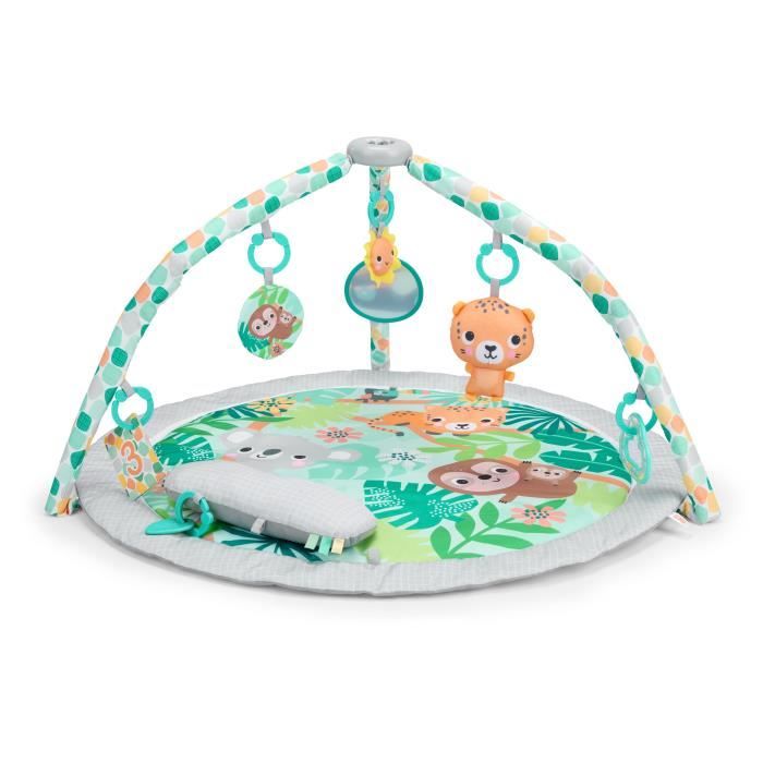 Tappetino da gioco pieghevole e convertibile BRIGHT STARTS per bambini - Foresta pluviale tropicale - con arco, giocattoli sensoriali e musicali e specchio