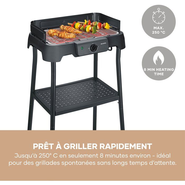 Barbecue elettrico con gambe - SEVERIN - PG8594 - 2000 W - Superficie di cottura 38 x 22 cm - Termostato regolabile - Nero