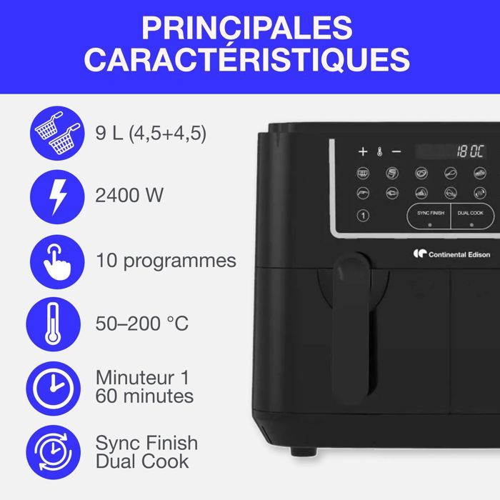 CONTINENTAL EDISON Friggitrice ad aria senza olio - RFRSH24002CB - 9 L - Doppi vassoi - 2400 W - Nero