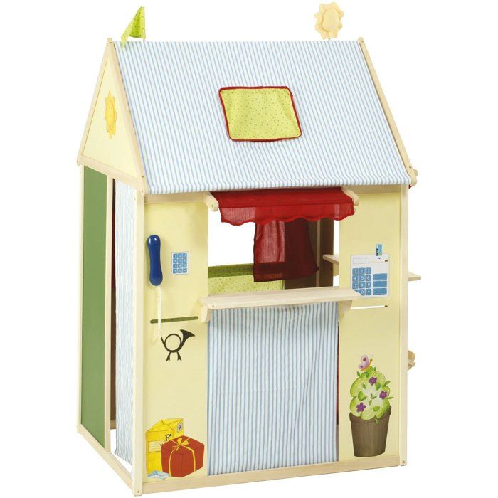 Casetta gioco 4 in 1 - ROBA - Legno - 4 lati: teatro delle marionette, negozio di alimentari, ufficio postale e banca - Giallo pastello/Verde