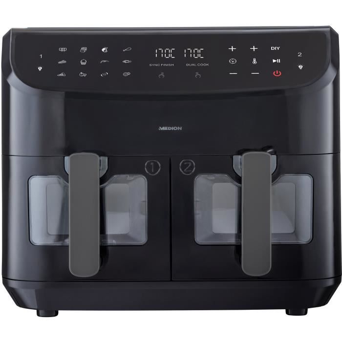 Friggitrice ad Aria Calda - MEDION - P20 XXL Twin - 2600 W - 2 cestelli - 9 programmi - Nera
