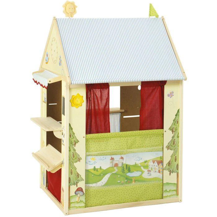 Casetta gioco 4 in 1 - ROBA - Legno - 4 lati: teatro delle marionette, negozio di alimentari, ufficio postale e banca - Giallo pastello/Verde