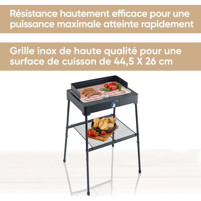 Barbecue elettrico con gambe - SEVERIN - PG8566 - 2200 W - Superficie di cottura 44,5 x 26 cm - Termostato regolabile - Nero
