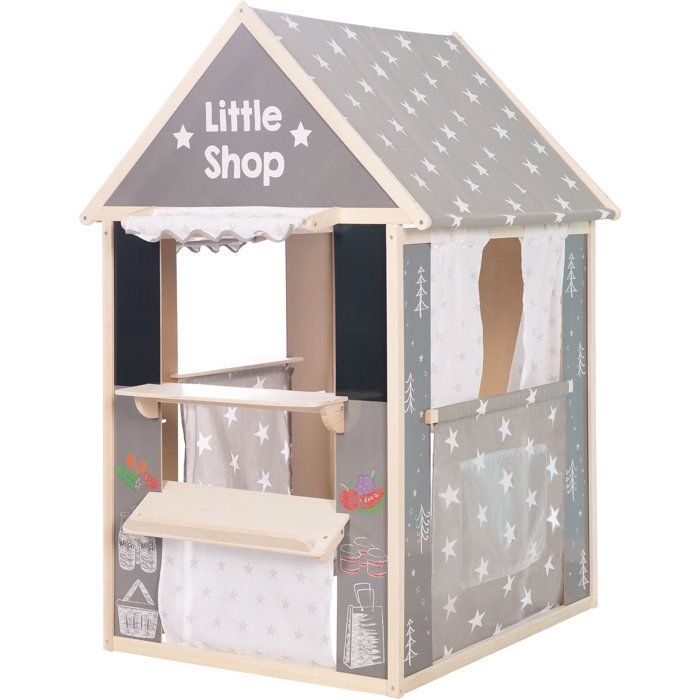 Casetta 4 in 1 - ROBA - Legno e tessuto - 4 lati: teatro, negozio di alimentari, ufficio postale/banca, chiosco con lavagna - Grigio