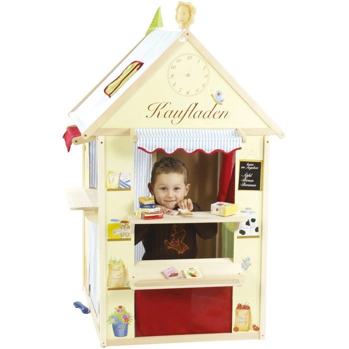 Casetta gioco 4 in 1 - ROBA - Legno - 4 lati: teatro delle marionette, negozio di alimentari, ufficio postale e banca - Giallo pastello/Verde