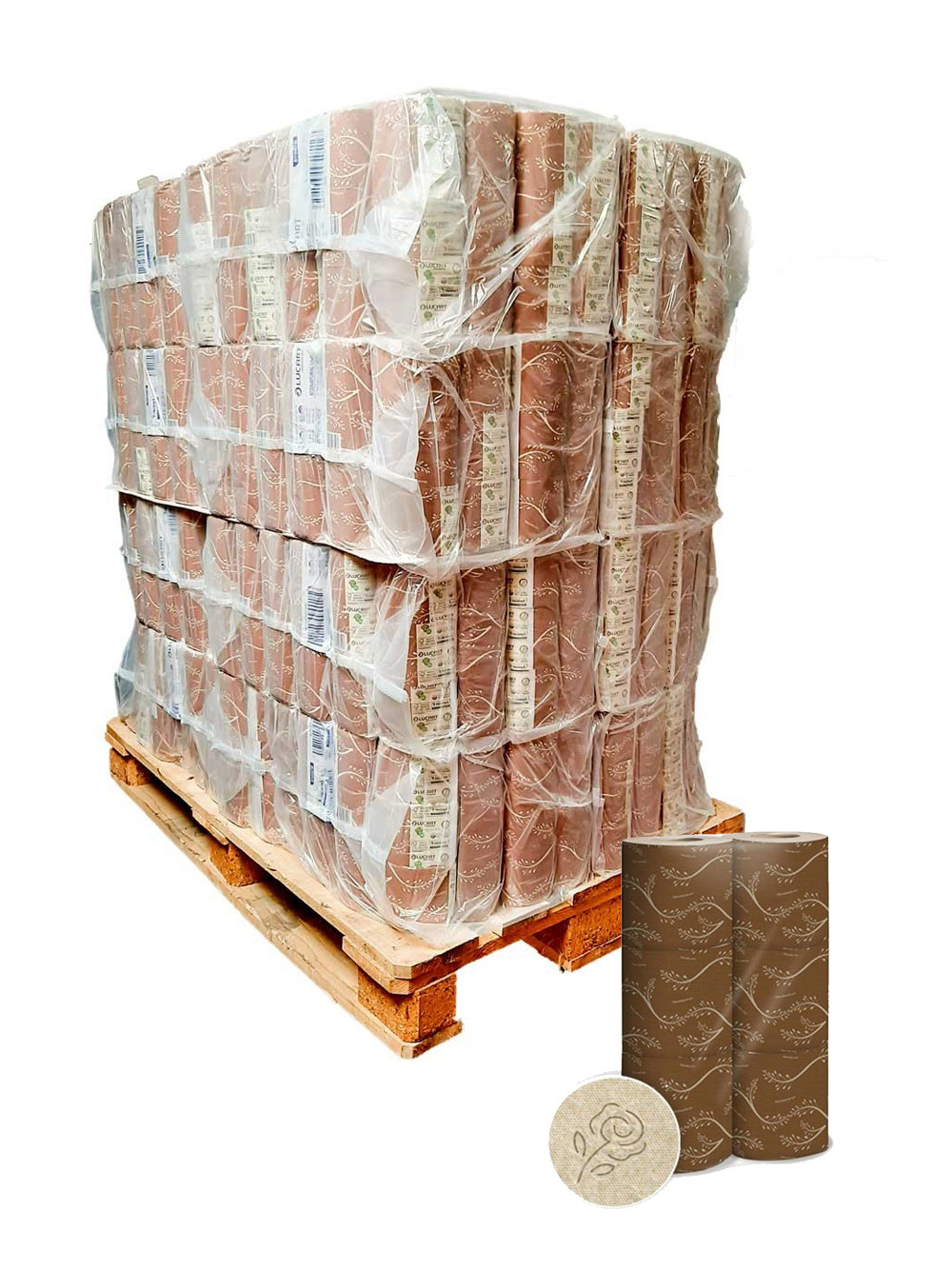 Palette mit 192 Packungen mit jeweils 6 Rollen bandagiertem Toilettenpapier von Enatural