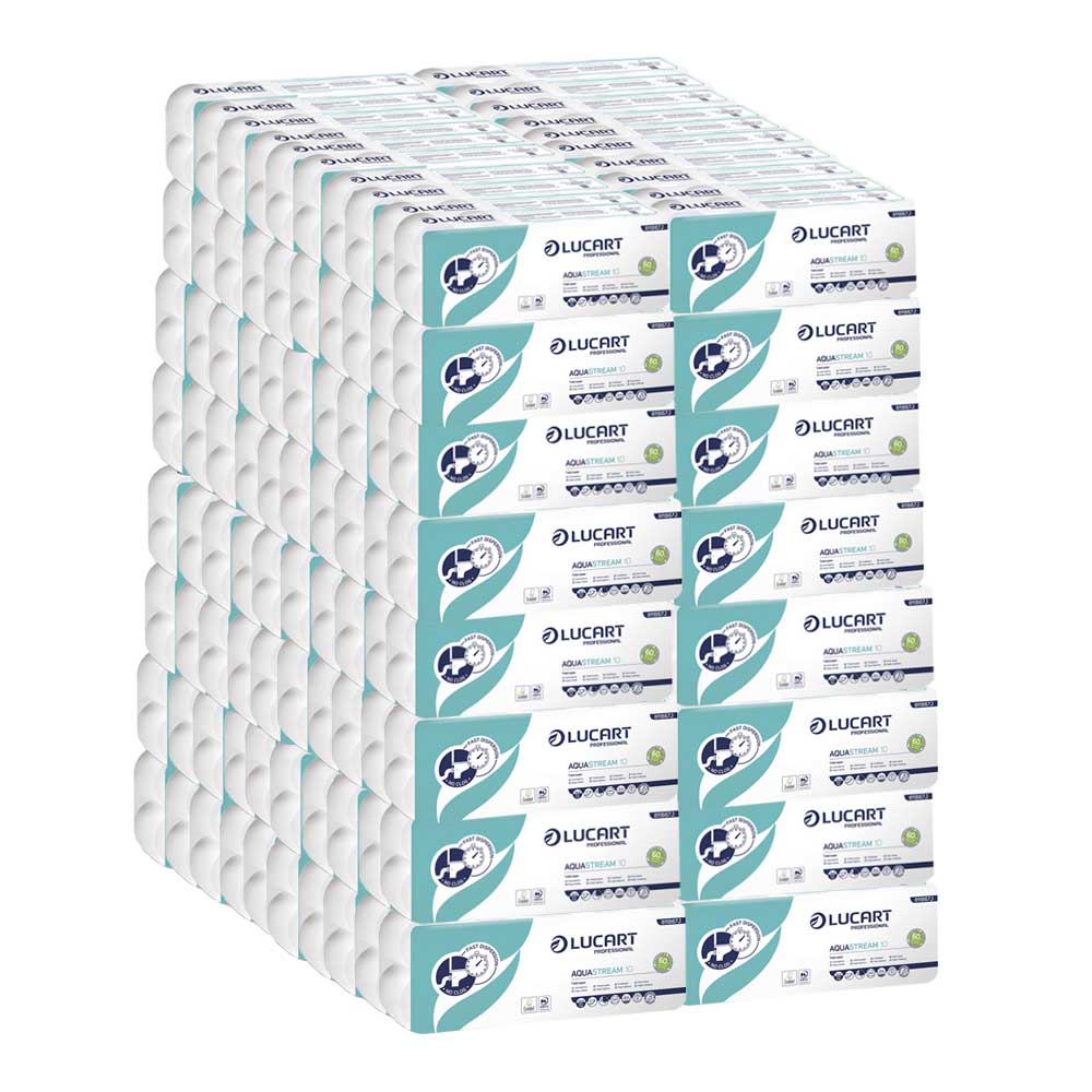 Palette mit 120 Packungen wasserlöslichem Aquastream-Toilettenpapier mit 10 Rollen