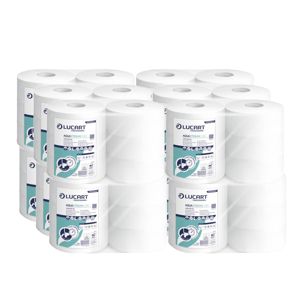 Verpackung: 12 Packungen Aquastream 340 Maxi Jumbo wasserlösliches Toilettenpapier mit 6 Rollen