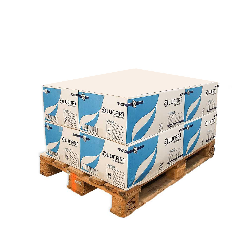 Verpackung: 8 Schachteln mit jeweils 18 Packungen Lucart Strong Z-gefalteter Papierhandtücher