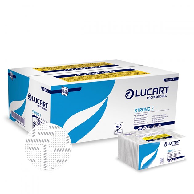 Verpackung: 8 Schachteln mit jeweils 18 Packungen Lucart Strong Z-gefalteter Papierhandtücher
