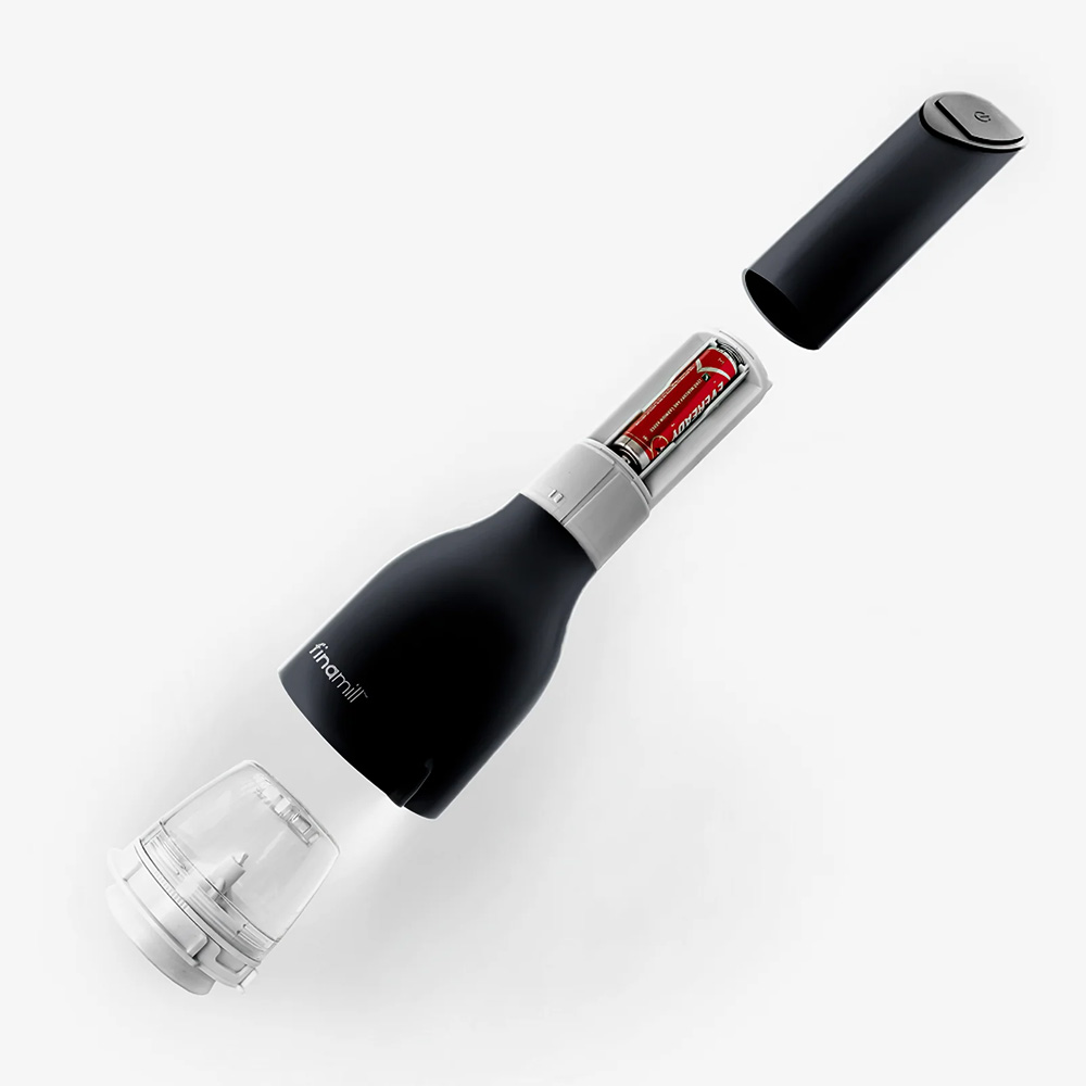 Finamill Midnight Black batteriebetriebene elektrische Gewürzmühle mit 2 Behältern