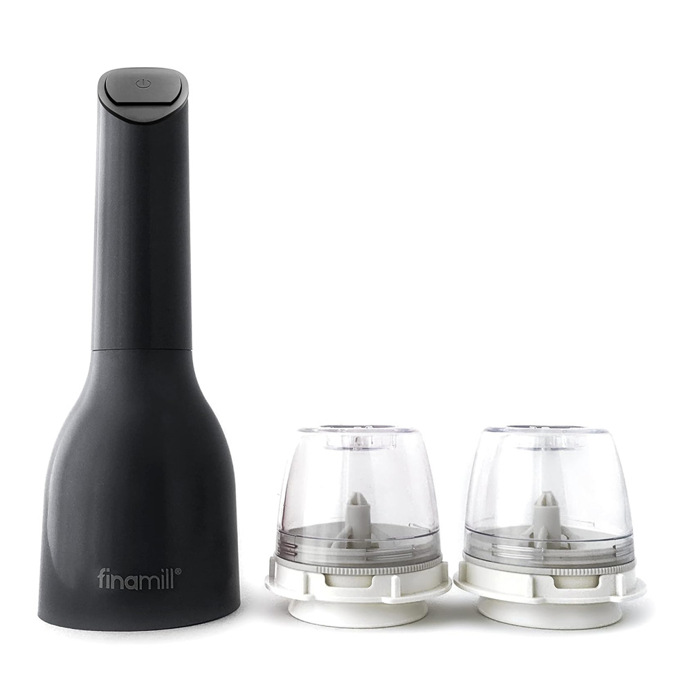 Finamill Midnight Black batteriebetriebene elektrische Gewürzmühle mit 2 Behältern