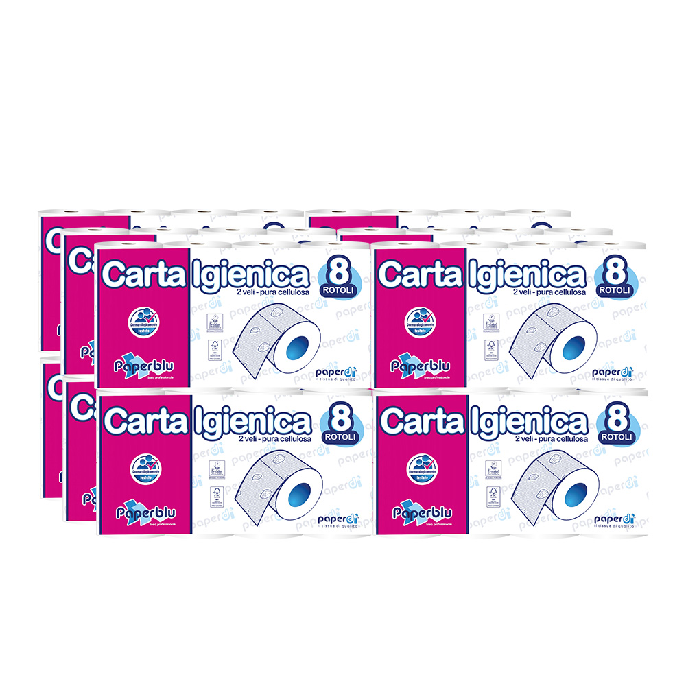 Verpackung: 12 Packungen Toilettenpapier, 8 Rollen, Paperblu aus reiner Cellulose