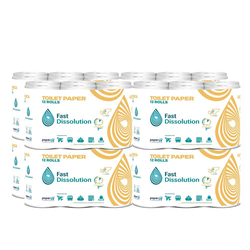 Verpackung: 8 Packungen wasserlösliches Toilettenpapier, 12 Rollen, schnelle Auflösung