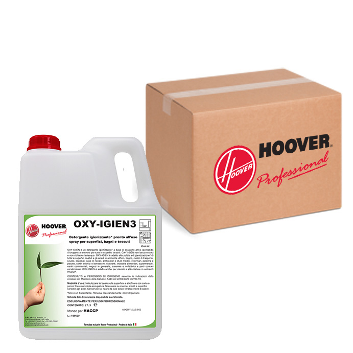 Schachtel mit 4 Desinfektionsmitteln für Oberflächen und Textilien Oxy Igien 3 Liter