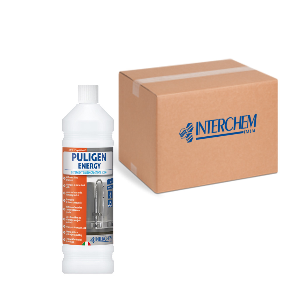 Packung mit 12 Stück Puligen Energy Acid Entkalkungsmittel von 1 l