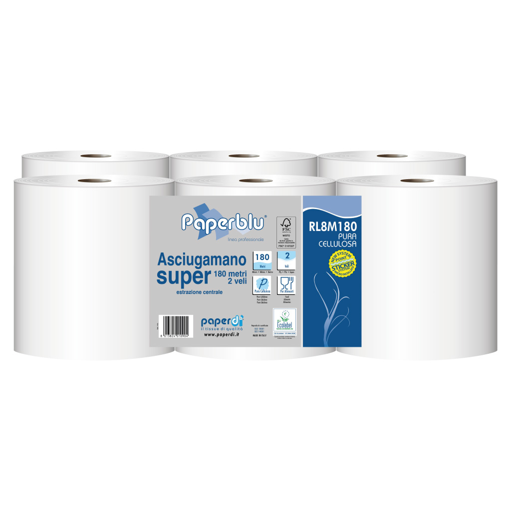 Verpackung: 10 Packungen mit 6 Rollen Super 180 Papierhandtüchern mit zentralem Griff