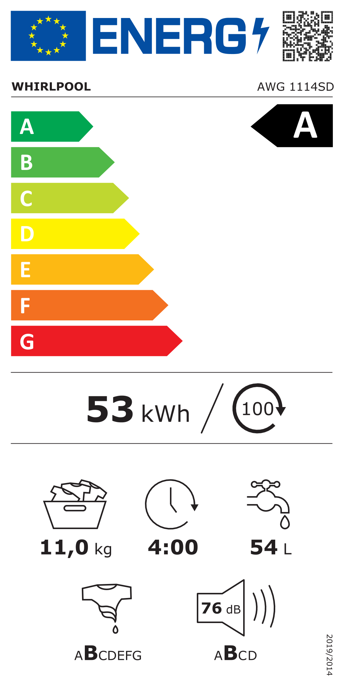 Scheda energetica EPREL Whirlpool 11 kg AWG 1114SD Waschmaschine