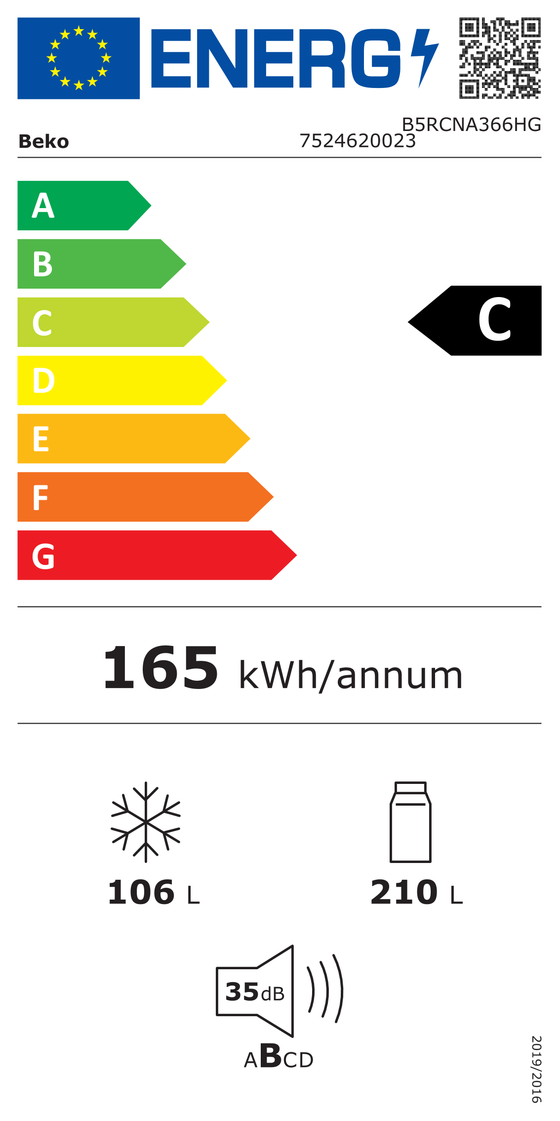 Scheda energetica EPREL Frigorifero a libera installazione combinato Beko no frost B5RCNA366HG