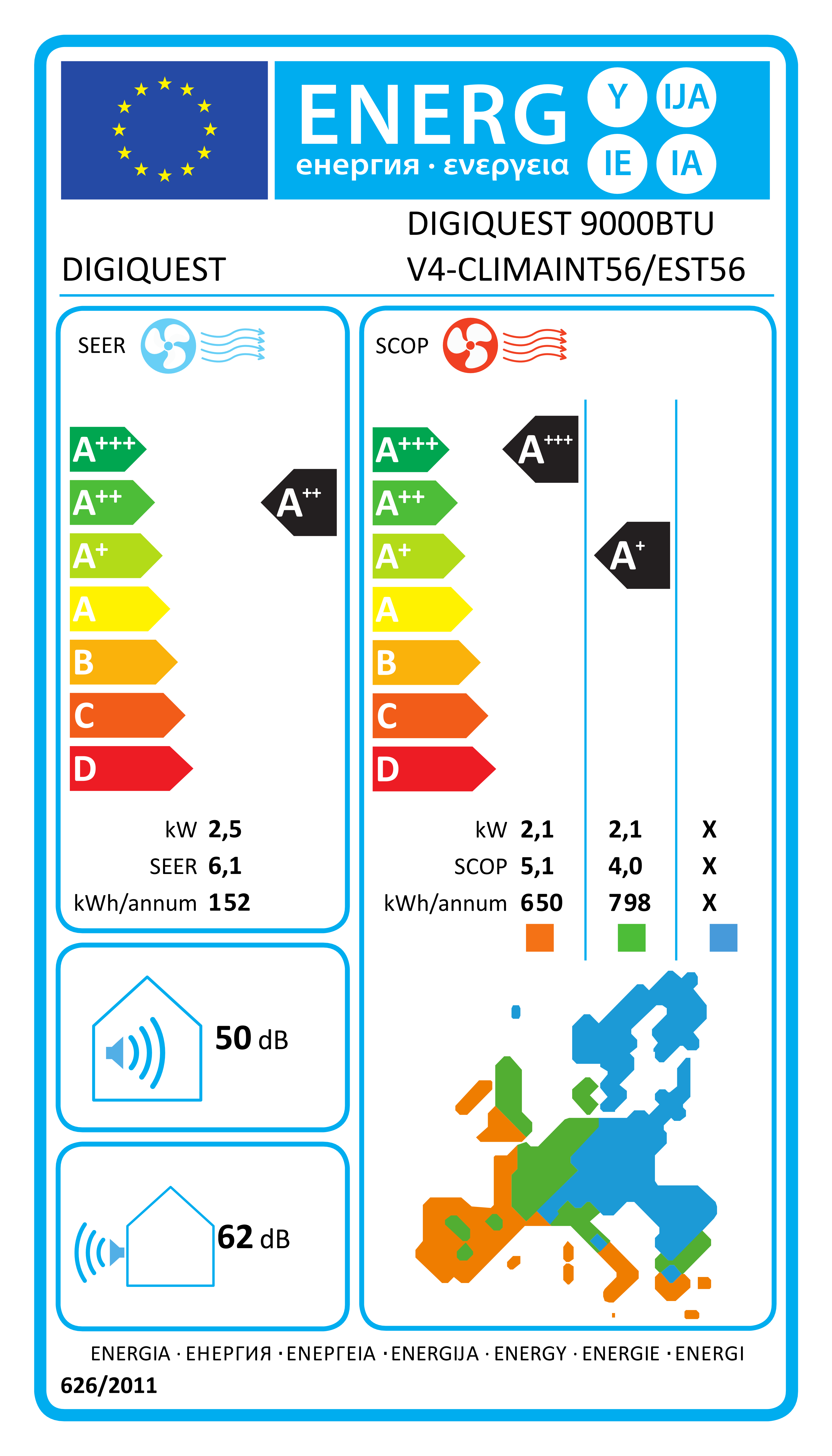 Scheda energetica EPREL 9000 BTU Inverter V4 A++ Monoslit-Klimaanlage mit WLAN - DigiQuest