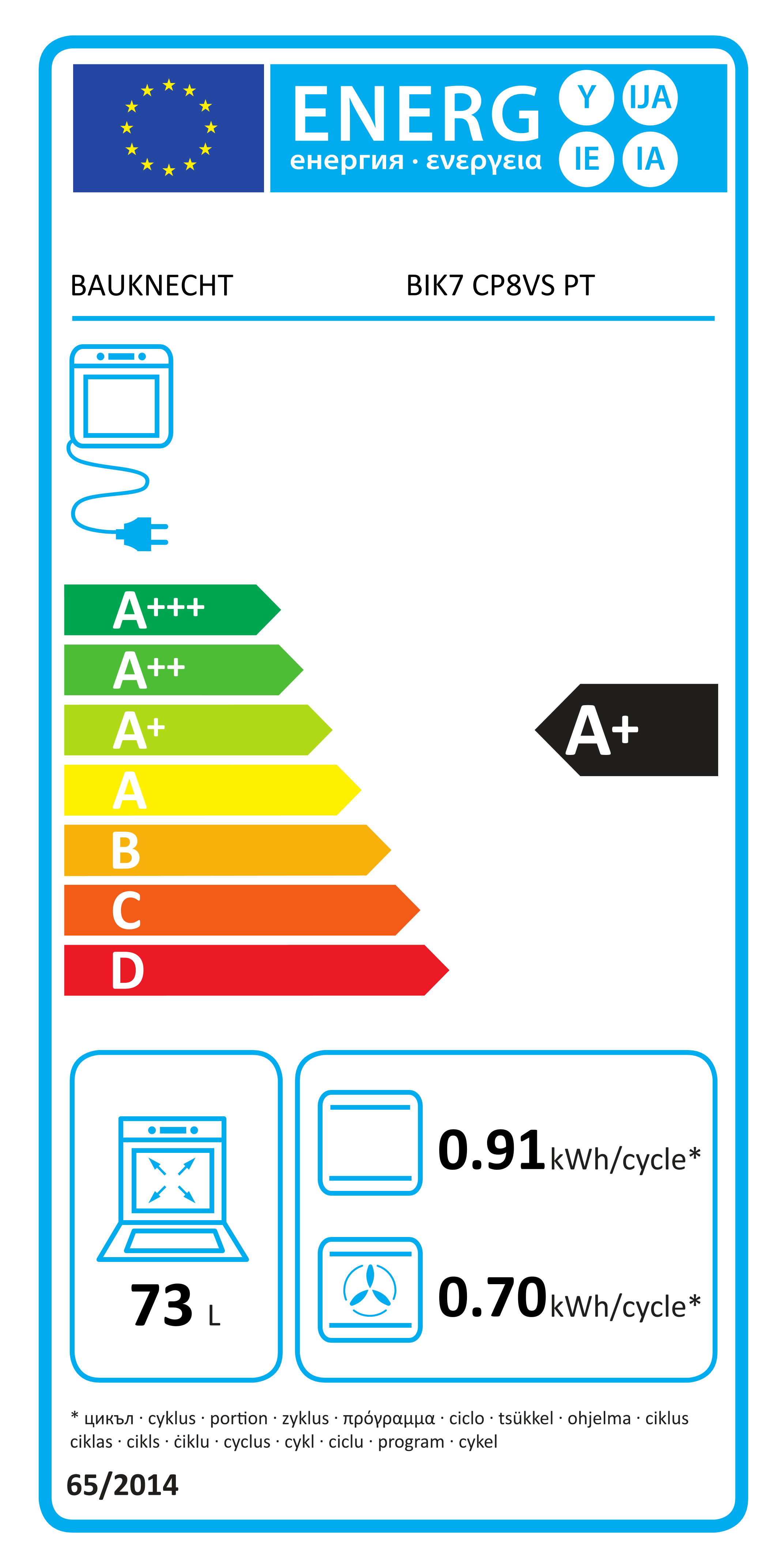 Scheda energetica EPREL Bauknecht BIK7 CP8VS PT Einbaubackofen